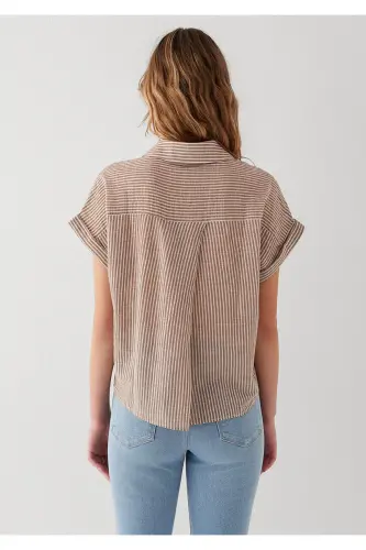 Kalta Yengli Yo'l-yo'l Jigarrang Ko'ylak Loose Fit / Erkin Qulay Bichim 1210445-85431 - Jigarrang - 6