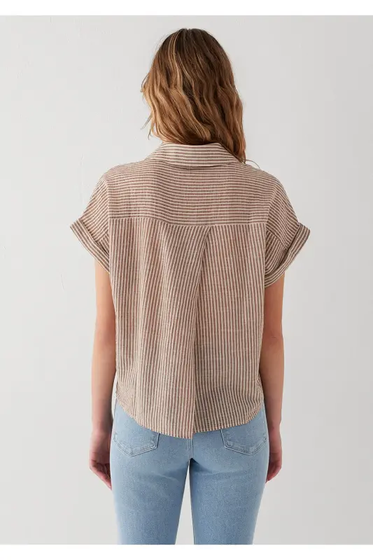 Kalta Yengli Yo'l-yo'l Jigarrang Ko'ylak Loose Fit / Erkin Qulay Bichim 1210445-85431 - Jigarrang - 6