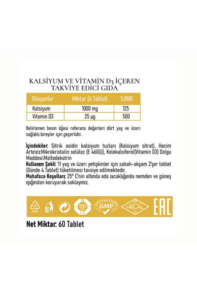 Kaltsiy (Kaltsiy Sitrat) va D3 Vitamini 60 Tablet 3 ta Paket - 9