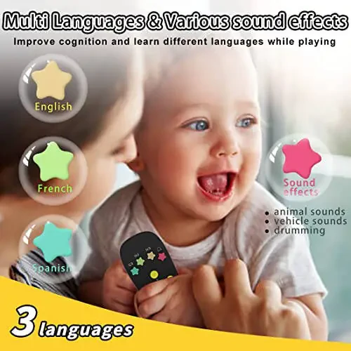 KALUYA Baby TV Remote Toy, Toddlers Remote Control Toy Kids Realistic Play Remote Early Educational Baby Musical Toys with Light and Sound English French Spanish for Infant Boys Girls 6 Month+, Black - 4