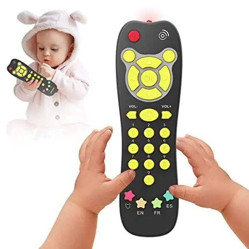 KALUYA Baby TV Remote Toy, Toddlers Remote Control Toy Kids Realistic Play Remote Early Educational Baby Musical Toys with Light and Sound English French Spanish for Infant Boys Girls 6 Month+, Black 