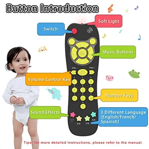 KALUYA Baby TV Remote Toy, Toddlers Remote Control Toy Kids Realistic Play Remote Early Educational Baby Musical Toys with Light and Sound English French Spanish for Infant Boys Girls 6 Month+, Black - 2