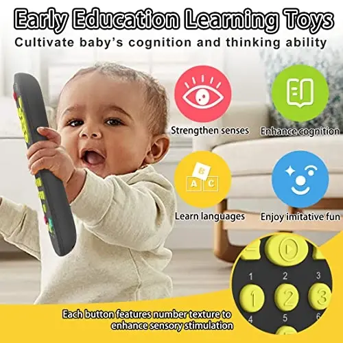 KALUYA Baby TV Remote Toy, Toddlers Remote Control Toy Kids Realistic Play Remote Early Educational Baby Musical Toys with Light and Sound English French Spanish for Infant Boys Girls 6 Month+, Black - 5