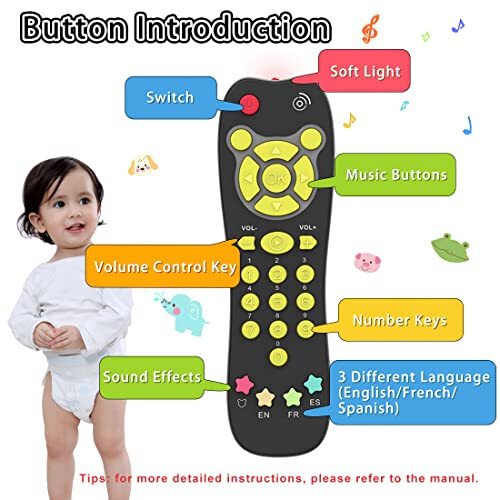 KALUYA Baby TV Remote Toy, Toddlers Remote Control Toy Kids Realistic Play Remote Early Educational Baby Musical Toys with Light and Sound English French Spanish for Infant Boys Girls 6 Month+, Black - KALUYA (1)