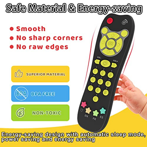 KALUYA Baby TV Remote Toy, Toddlers Remote Control Toy Kids Realistic Play Remote Early Educational Baby Musical Toys with Light and Sound English French Spanish for Infant Boys Girls 6 Month+, Black - 3