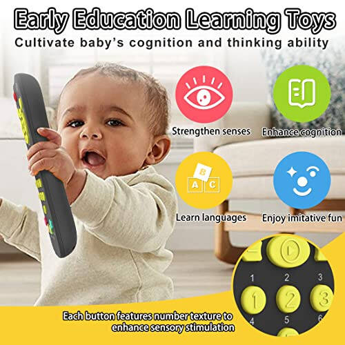 KALUYA Baby TV Remote Toy, Toddlers Remote Control Toy Kids Realistic Play Remote Early Educational Baby Musical Toys with Light and Sound English French Spanish for Infant Boys Girls 6 Month+, Black - 5