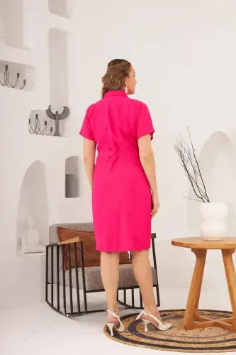 Kamar va cho'ntak detallari tugmachali qisqa yengli katta o'lchamli ko'ylak fuchsia - 5