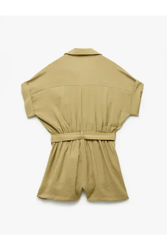 Kamarli cho'ntakli ko'ylak yoqali qisqa yengli modal matoli short kombinezon - Haki - 4