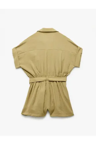 Kamarli cho'ntakli ko'ylak yoqali qisqa yengli modal matoli short kombinezon - Haki - 4