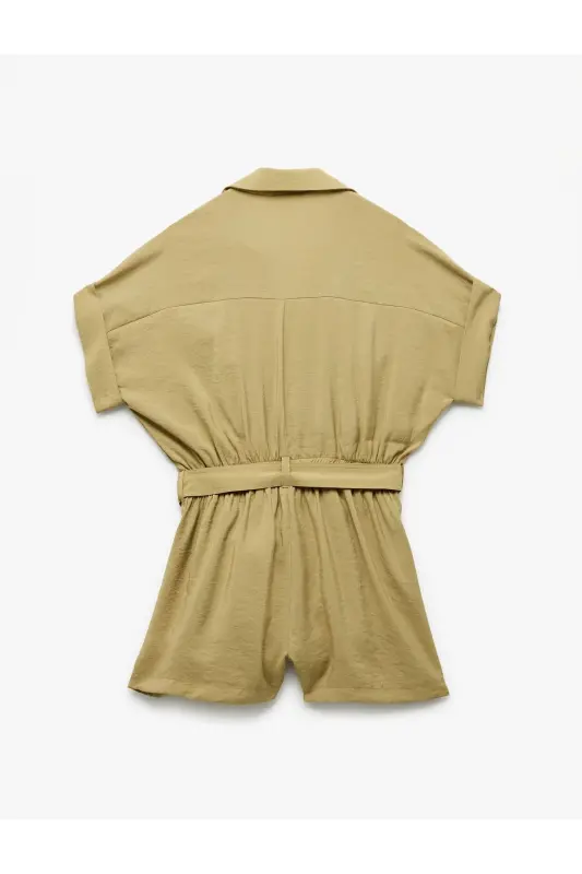 Kamarli cho'ntakli ko'ylak yoqali qisqa yengli modal matoli short kombinezon - Haki - 4
