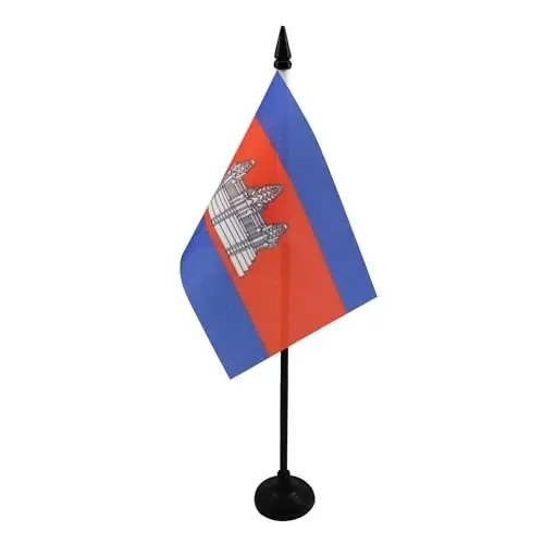 Kambodja Stol Bayrog'i 4'' x 6'' - Kambodjalik Stol Bayrog'i 15 x 10 sm. - Qora plastik tayoq va asos - AZ FLAG - AZ FLAG