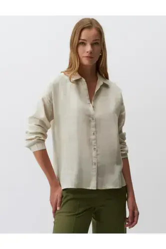 Камень %100 Лён Рубашка с длинными рукавами Basic-Камень - 3