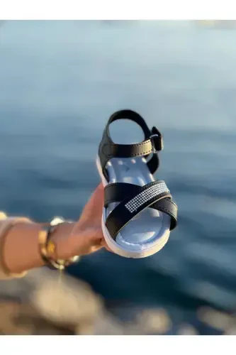 Каменные шикарные детские сандалии, детские сандалии, нескользящая летняя детская обувь - черные камни - 5