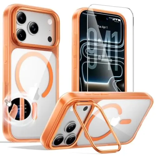 Tigowos for iPhone 17 Pro Max Case with Lens Stand，Screen Protector，Orange | Camera Control Cover ,Fit for MagSafe,Drop Protection,Shockproof, Translucent Back Phone Case for 17 Pro Max - TIGOWOS