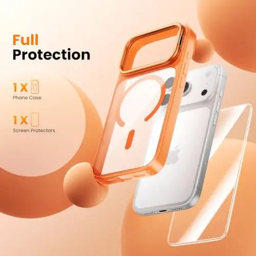 Tigowos for iPhone 17 Pro Max Case with Lens Stand，Screen Protector，Orange | Camera Control Cover ,Fit for MagSafe,Drop Protection,Shockproof, Translucent Back Phone Case for 17 Pro Max - 3