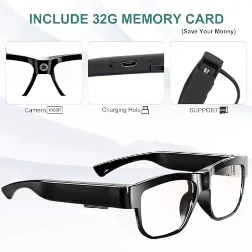 Camera Glasses Video Glasses HD Smart Glasses Recording Outdoor Sport Glasses with Camera Wearable Eyeglass Built-in 32G Memory Card only Open on Computer - 2