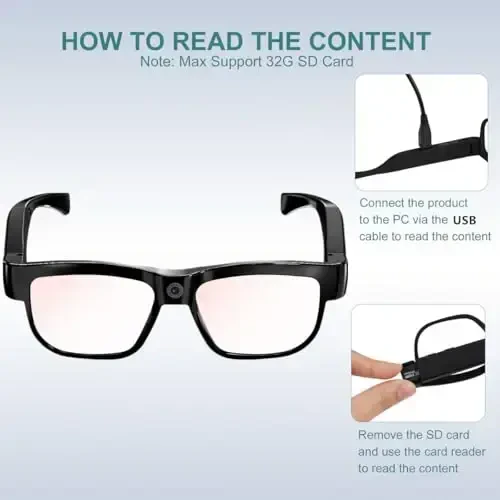 Camera Glasses Video Glasses HD Smart Glasses Recording Outdoor Sport Glasses with Camera Wearable Eyeglass Built-in 32G Memory Card only Open on Computer - 4