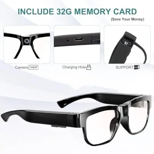 Camera Glasses Video Glasses HD Smart Glasses Recording Outdoor Sport Glasses with Camera Wearable Eyeglass Built-in 32G Memory Card only Open on Computer - CAMERA (1)