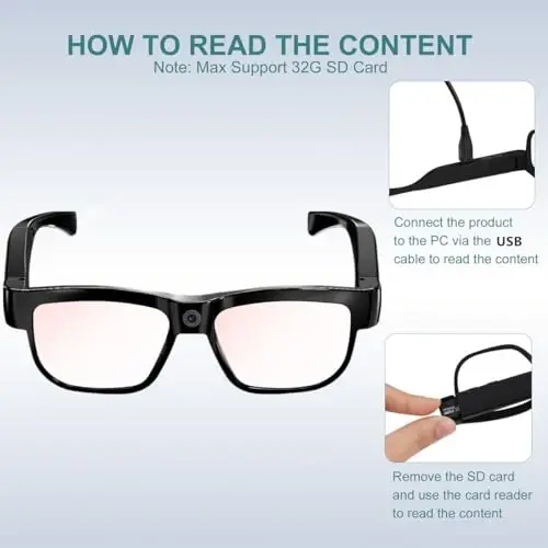 Camera Glasses Video Glasses HD Smart Glasses Recording Outdoor Sport Glasses with Camera Wearable Eyeglass Built-in 32G Memory Card only Open on Computer - 4