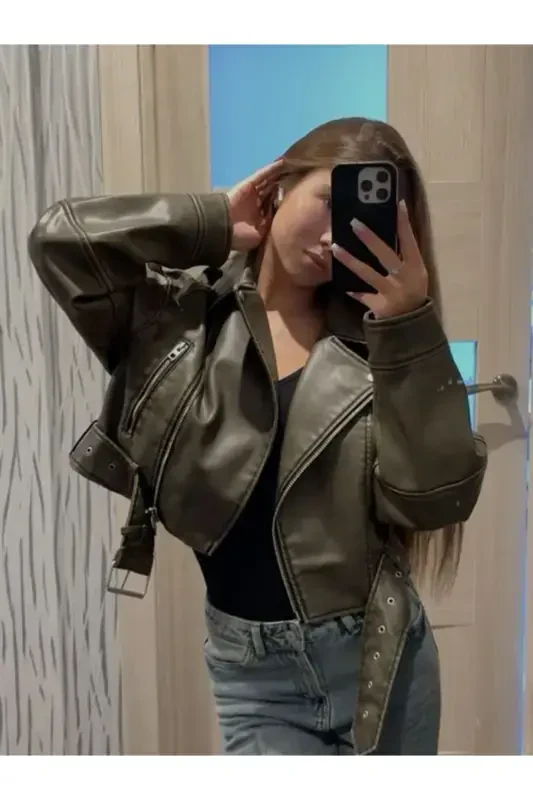 Kamerli Oversize Charm Teri Biker Ko'ylagi - 5