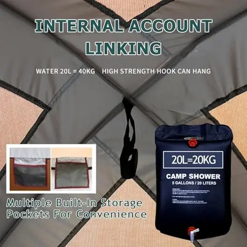 Camping Tent Shower Tent,Outdoor Changing with Built-in Hook,Holds 20 Liters of Water,63 * 63 * 95 Inch,210D Oxford Cloth Waterproof - Portable Toilet Shelter with Carrying Bag for Camping,Beach - 4