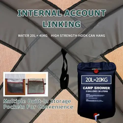 Camping Tent Shower Tent,Outdoor Changing with Built-in Hook,Holds 20 Liters of Water,63 * 63 * 95 Inch,210D Oxford Cloth Waterproof - Portable Toilet Shelter with Carrying Bag for Camping,Beach - 5
