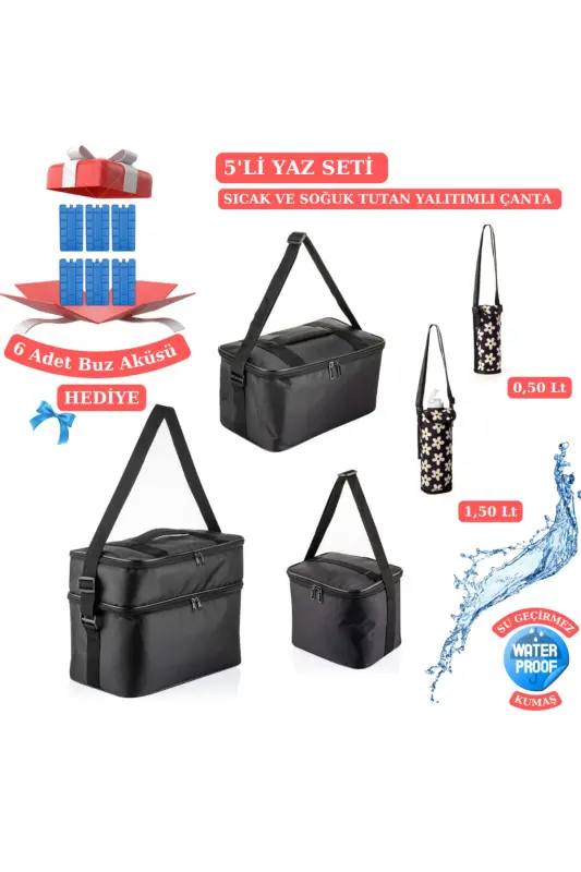 Kamp Piknik Termal Soğutucu Yalıtımlı Buzluk Termos Çanta 5’li Set - 960 Siyah-Siyah Desenli - NS RELIABLE