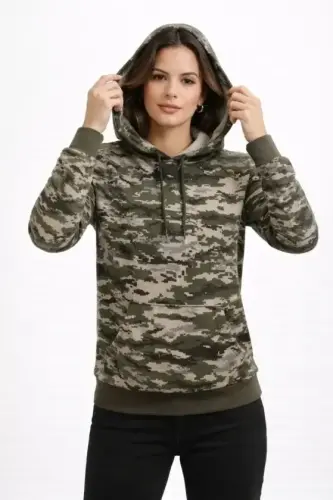 Kamuflaj Desenli 2 İplik 4 Mevsim Kapüşonlu Kanguru Cepli Hoodie Sweatshirt - Kamuflaj - 1