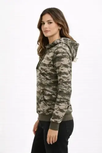 Kamuflaj Desenli 2 İplik 4 Mevsim Kapüşonlu Kanguru Cepli Hoodie Sweatshirt - Kamuflaj - 2