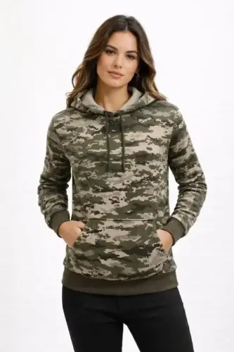 Kamuflaj Desenli 2 İplik 4 Mevsim Kapüşonlu Kanguru Cepli Hoodie Sweatshirt - Kamuflaj - 3