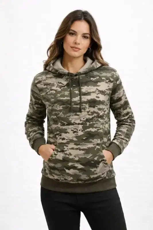 Kamuflaj Desenli 2 İplik 4 Mevsim Kapüşonlu Kanguru Cepli Hoodie Sweatshirt - Kamuflaj - 3