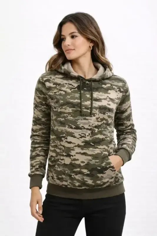 Kamuflaj Desenli 2 İplik 4 Mevsim Kapüşonlu Kanguru Cepli Hoodie Sweatshirt - Kamuflaj - 4
