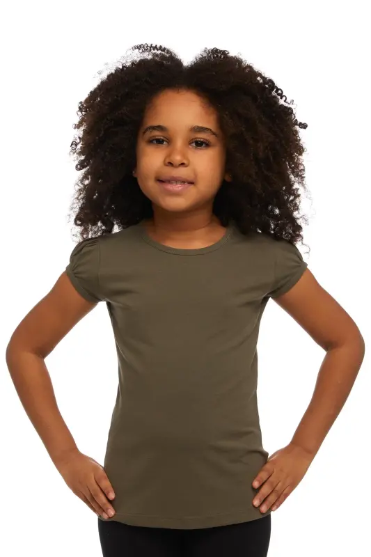 Kamuflaj Yeşil Basic Kız Çocuk Sıfır Yaka Karpuz Kol Tişört - MILITARY OLIVE - 1