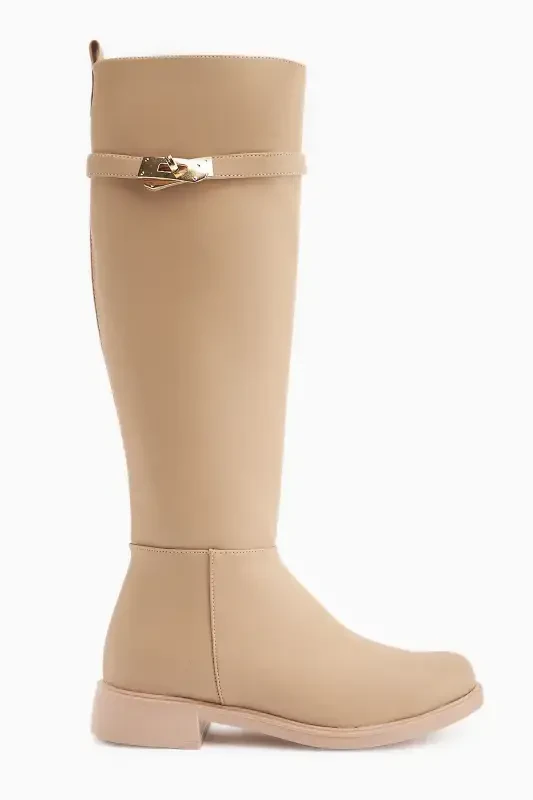 Kanako Nud, Beige Zippered Short Heeled Women's Boots-Nude - LIMOYA