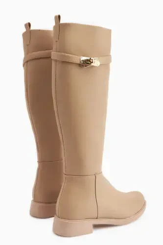 Kanako Nud, Bej Aksessuarlı Fermuarlı Qisqa Topukli Ayollar Etigi-Nud - 4