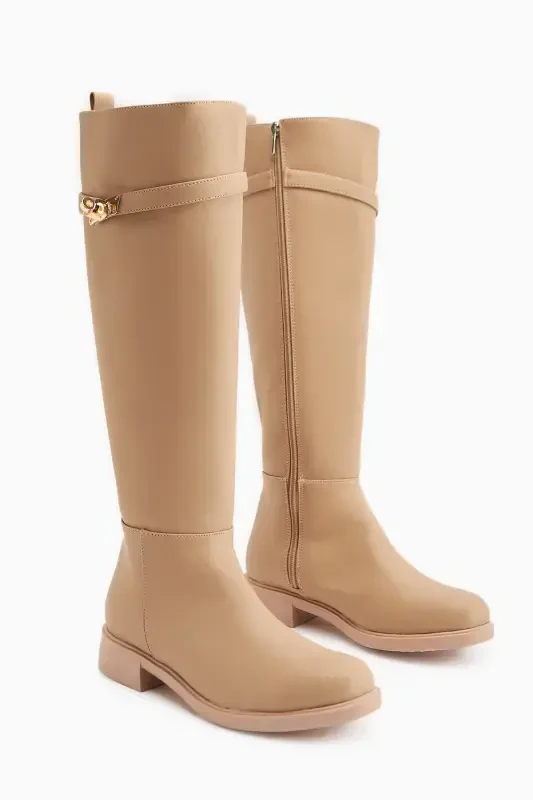 Kanako Nud, Bej Aksesurlı Fermuarlı Kısa Topuklu Kadın Çizme-Nud - 3