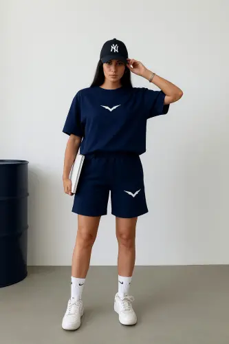 Kanat T-shirt Şort - Lacivert Alt Üst Kombin Şort Tişört Takım Baskılı Oversize Bisiklet Yaka-Lacivert 