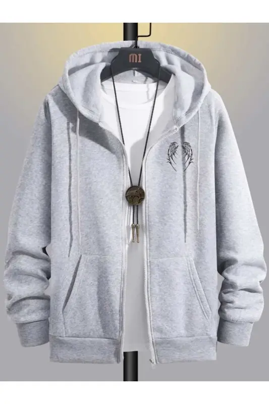 Kanat Tasarım Sweatshirt Fermuarlı Hırka - Gri Baskılı Oversize Cepli Kışlık Kapüşonlu - Gri - 2