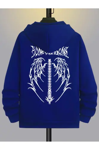 Kanat Tasarım Sweatshirt Fermuarlı Hırka - Sax Mavi Baskılı Oversize Cepli Kışlık Kapüşonlu - Saks Mavi 