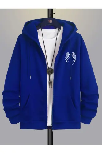 Kanat Tasarım Sweatshirt Fermuarlı Hırka - Sax Mavi Baskılı Oversize Cepli Kışlık Kapüşonlu - Saks Mavi - 2