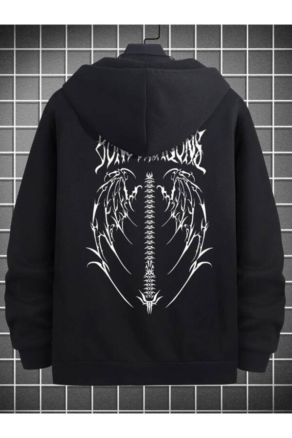 Kanat Tasarım Sweatshirt Fermuarlı Hırka - Siyah Baskılı Oversize Cepli Kışlık Kapüşonlu - Siyah - 1