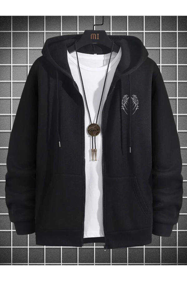 Kanat Tasarım Sweatshirt Fermuarlı Hırka - Siyah Baskılı Oversize Cepli Kışlık Kapüşonlu - Siyah - 2