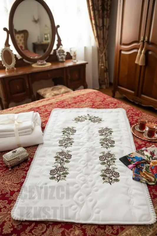 Kanaviçe Işlemeli Etamin Kumaş Tek Seccade - Krem - Krem - Kahve - 1