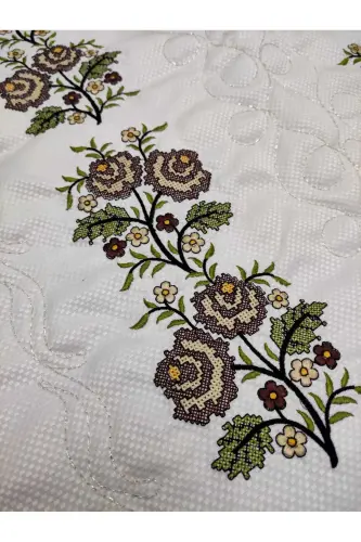 Kanaviçe Işlemeli Etamin Kumaş Tek Seccade - Krem - Krem - Kahve - 3