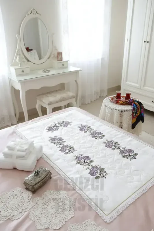 Kanaviçe Işlemeli Etamin Kumaş Tek Seccade - Mor-M - ÇT ÇEYIZCI TEKSTIL