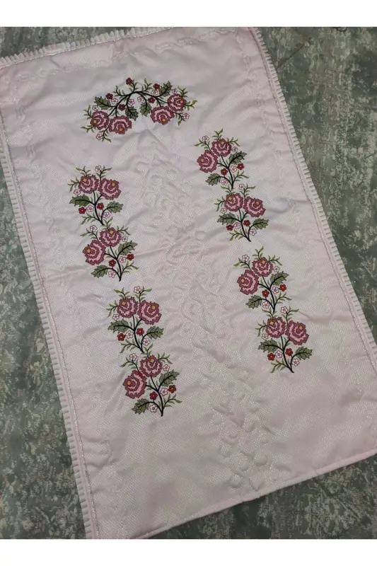 Kanaviçe Işlemeli Etamin Kumaş Tek Seccade - Pudra-Pudra - 2