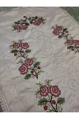 Kanaviçe Işlemeli Etamin Kumaş Tek Seccade - Pudra-Pudra - 5