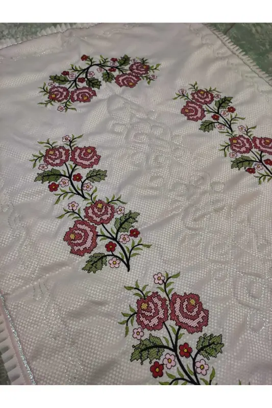 Kanaviçe Işlemeli Etamin Kumaş Tek Seccade - Pudra-Pudra - 5