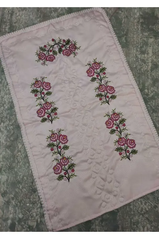 Kanaviçe Işlemeli Etamin Kumaş Tek Seccade - Pudra-Pudra - 4