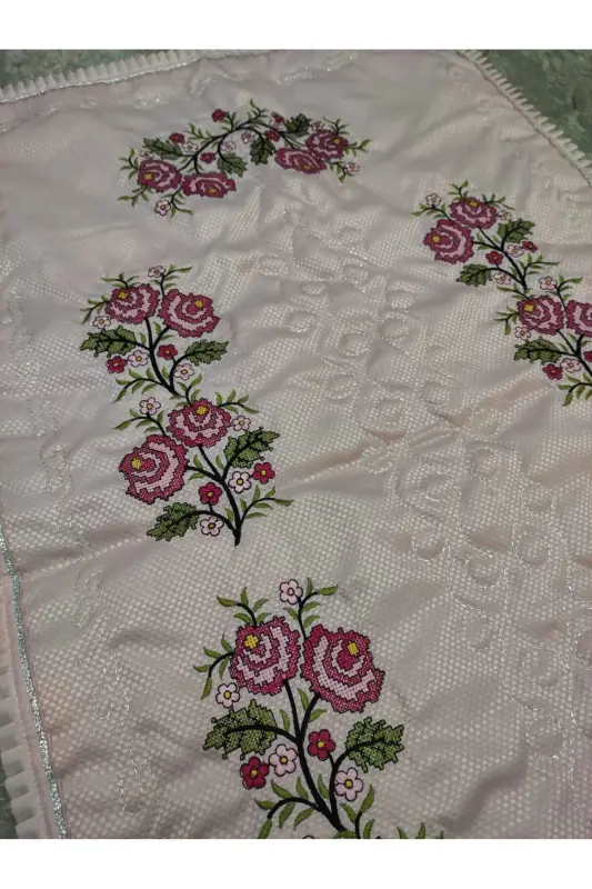 Kanaviçe Işlemeli Etamin Kumaş Tek Seccade - Pudra-Pudra - 7